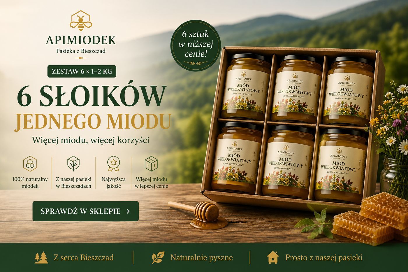 Zestaw sześciu dużych słoików jednego rodzaju miodu ApiMiodek